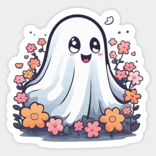 Kawaii Halloween Ghost in Floral Garden Sticker